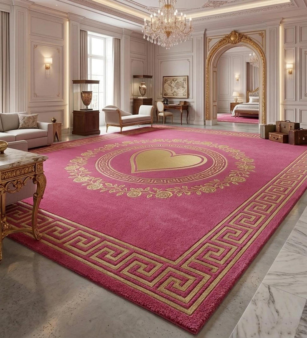 Greek Key Border Rug, Pink Romantic Bedroom Decor, Hand-Tufted Wool Design | 100% New Zealand Wool | Made to Order