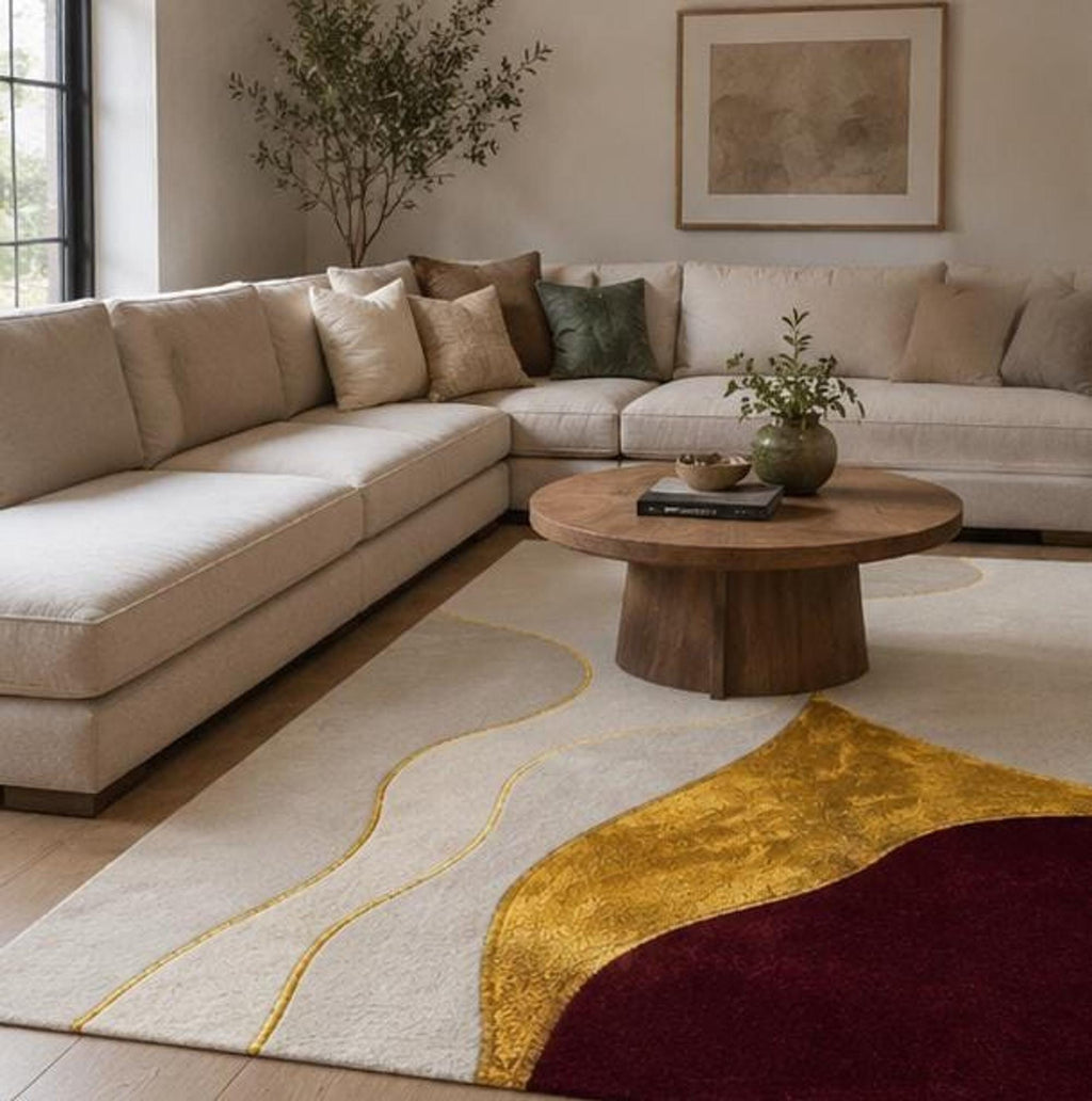 Modern Abstract Wool Runner Rug, Ivory, Gold and Burgundy Pattern, Handcrafted Bhadohi Carpet | Made to Order
