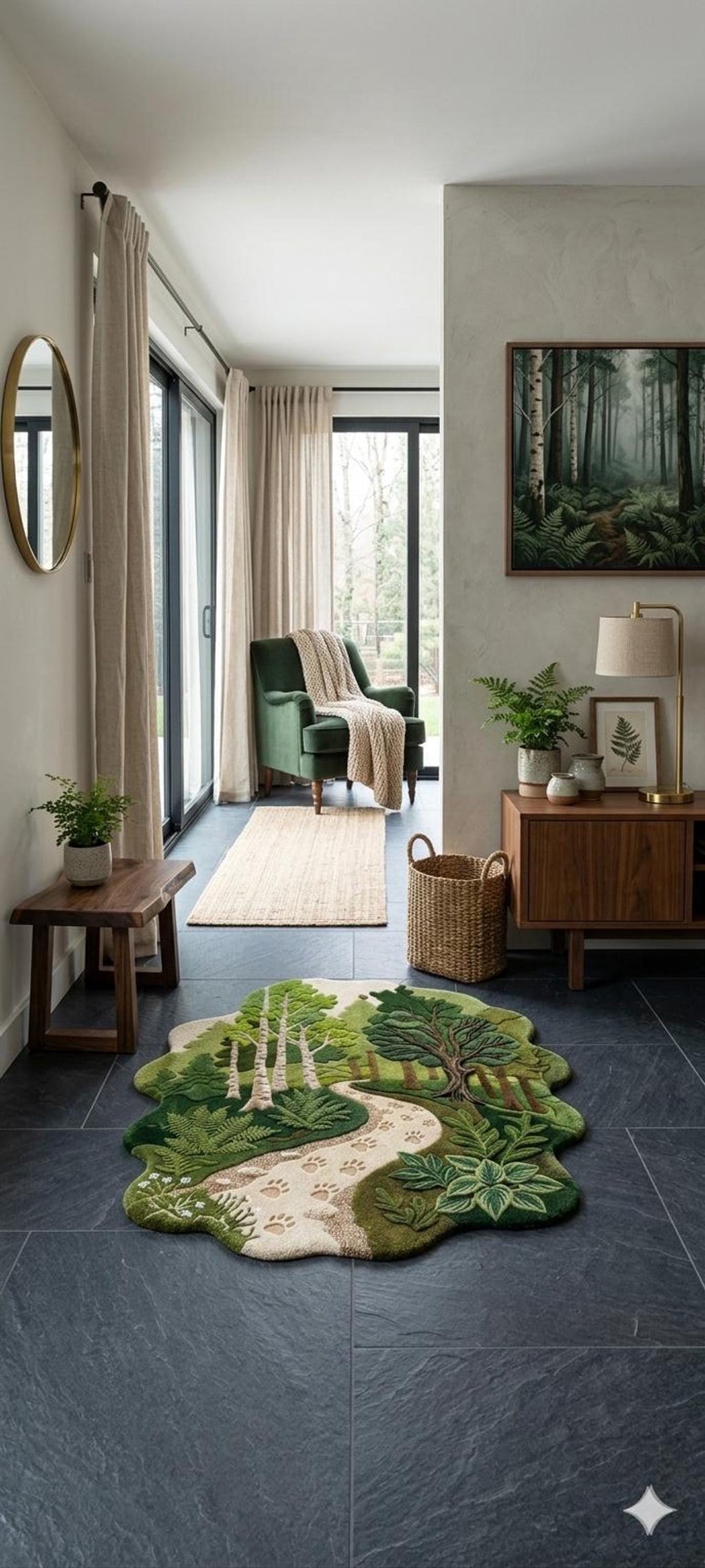 Forest Landscape Rug, Woodland Trail Mat for Nature Lovers, Hand-Carved Birch Trees | 100% New Zealand Wool | Made to Order