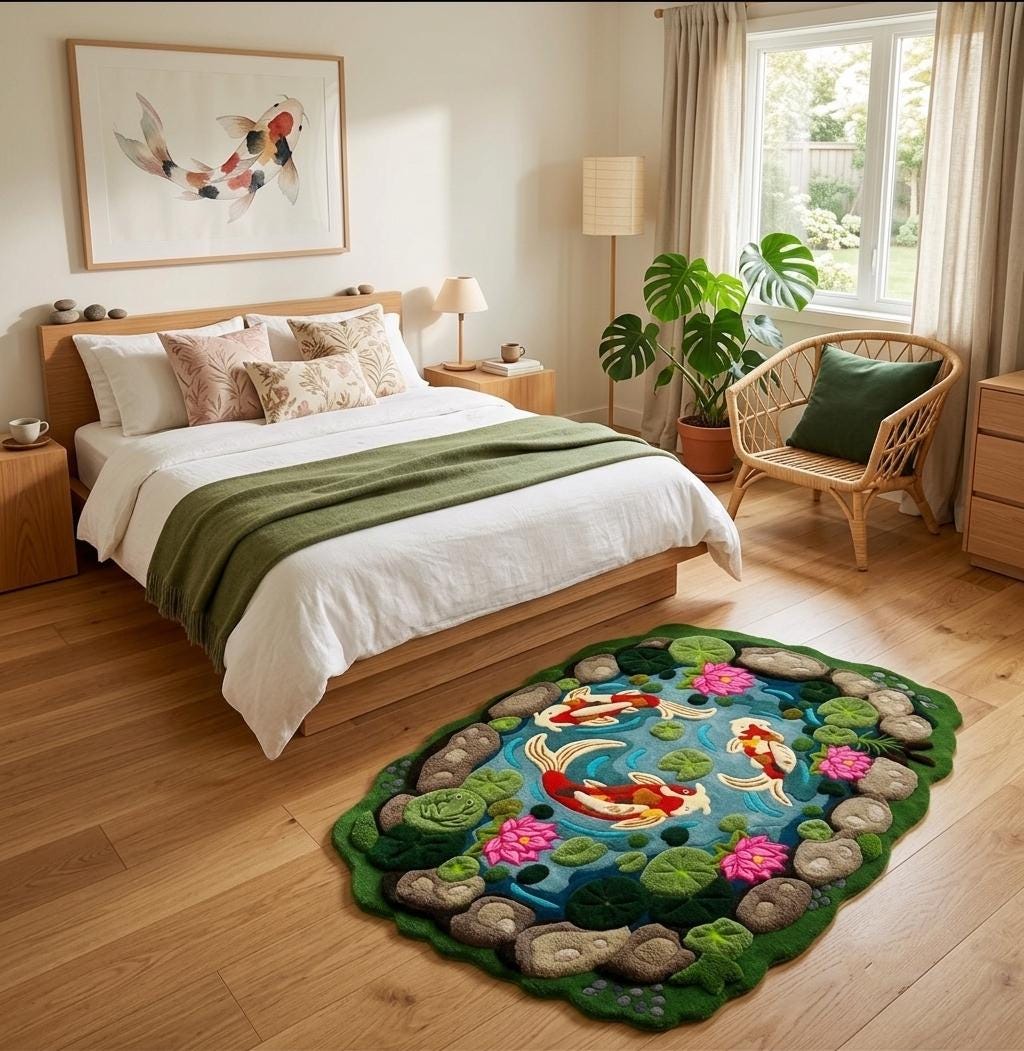 Hand-Carved Wool Koi Fish Pond Rug – Zen Garden Lotus Landscape Carpet | Made to Order