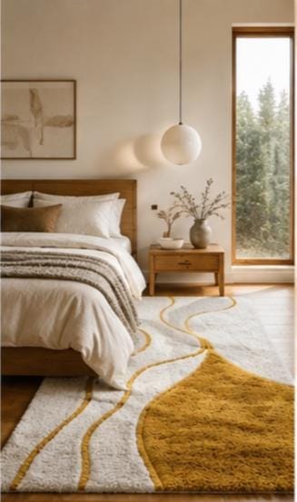 Handcrafted Wool Area Rug – Modern Ivory Gold Wavy Lines, High Pile Texture | Made to Order