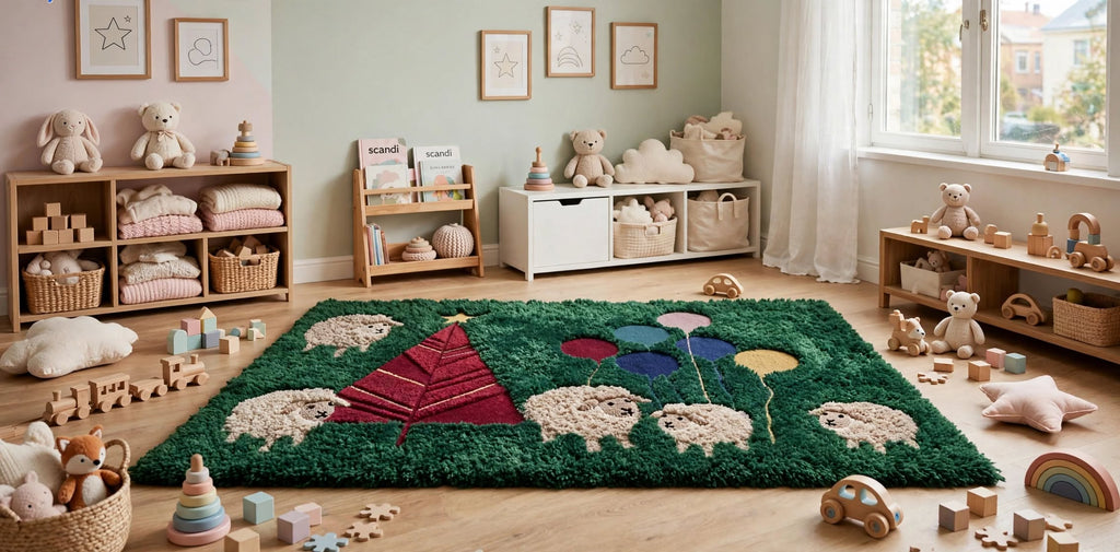 Handmade Moss Rug – Christmas Tree with Sheep & Balloons | Festive Wool Rug