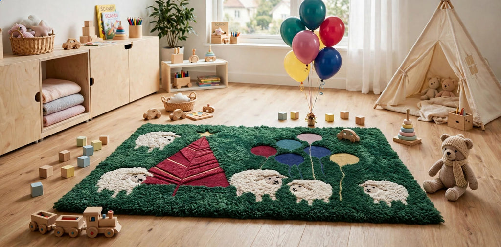 Handmade Moss Rug – Christmas Tree with Sheep & Balloons | Festive Wool Rug