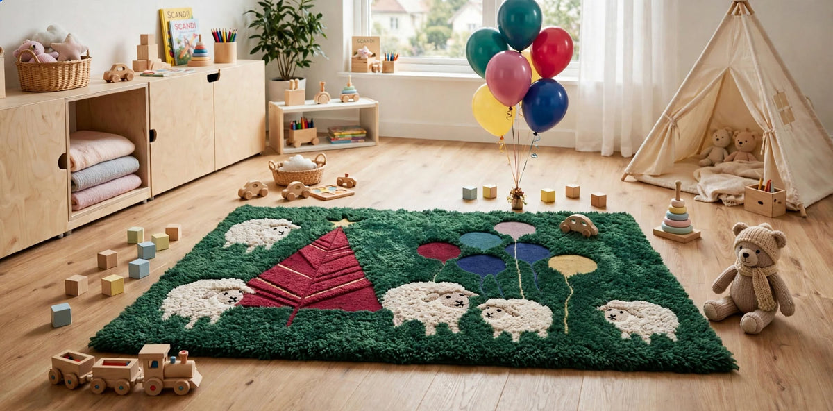 Handmade Moss Rug – Christmas Tree with Sheep & Balloons | Festive Wool Rug