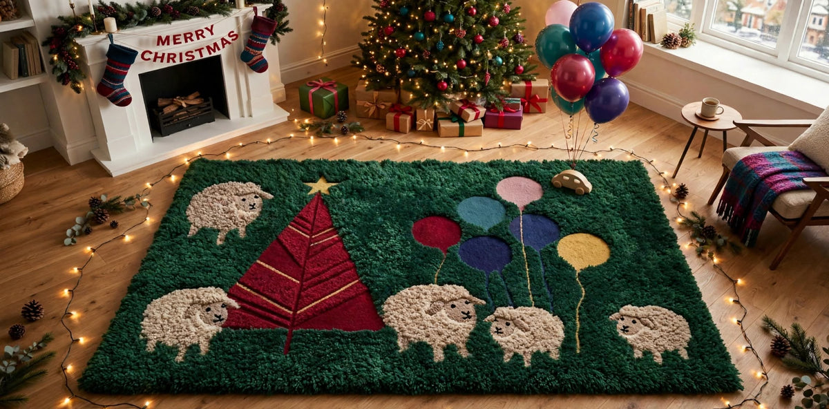 Handmade Moss Rug – Christmas Tree with Sheep & Balloons | Festive Wool Rug