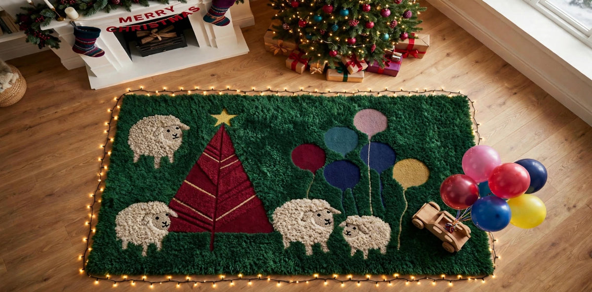 Handmade Moss Rug – Christmas Tree with Sheep & Balloons | Festive Wool Rug