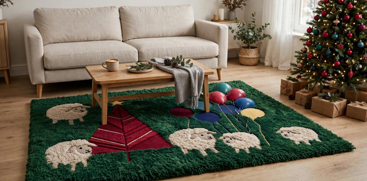 Handmade Moss Rug – Christmas Tree with Sheep & Balloons | Festive Wool Rug