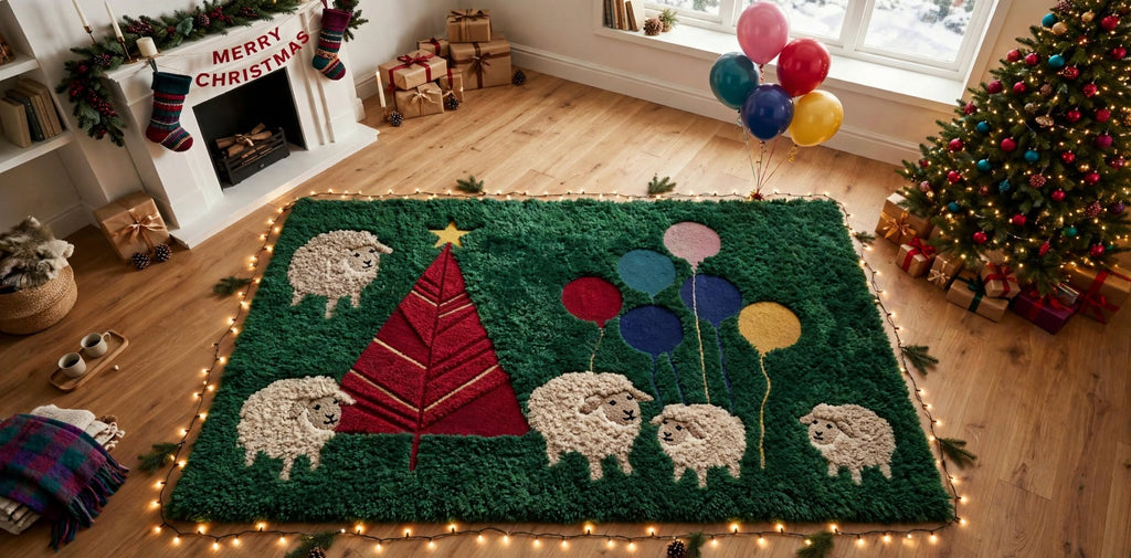 Handmade Moss Rug – Christmas Tree with Sheep & Balloons | Festive Wool Rug