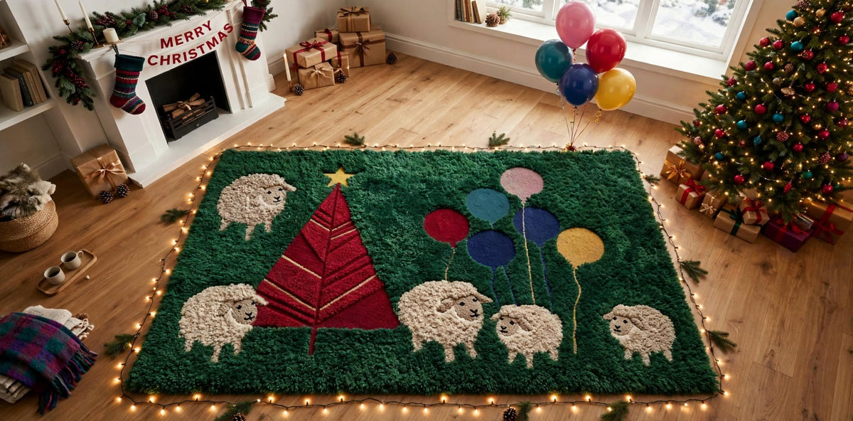 Handmade Moss Rug – Christmas Tree with Sheep & Balloons | Festive Wool Rug