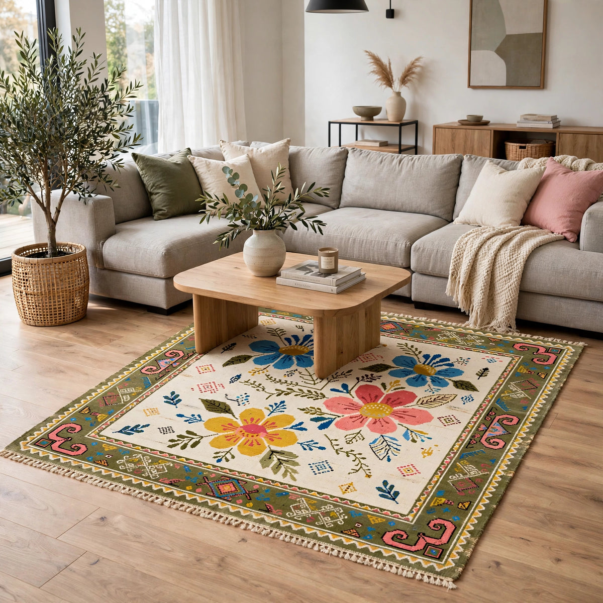 Folk Art Floral Hand-Knotted Wool Rug – Ivory, Blue & Pink Blooms | Tribal Border | Made to Order