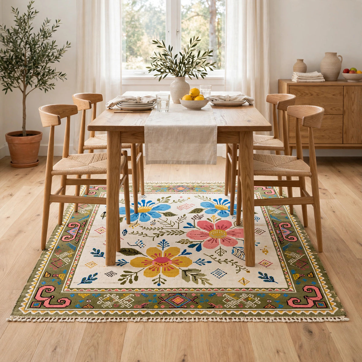 Folk Art Floral Hand-Knotted Wool Rug – Ivory, Blue & Pink Blooms | Tribal Border | Made to Order