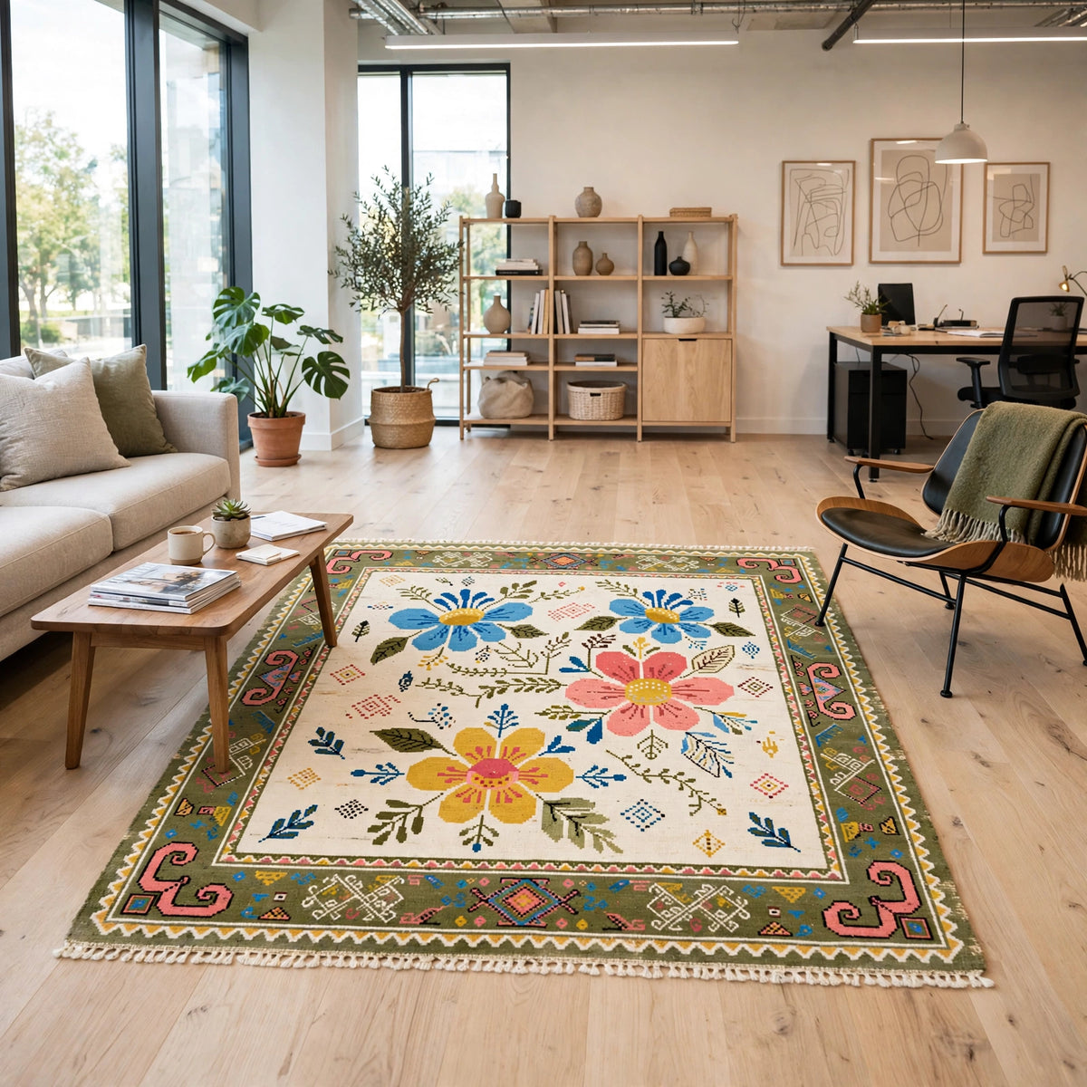 Folk Art Floral Hand-Knotted Wool Rug – Ivory, Blue & Pink Blooms | Tribal Border | Made to Order