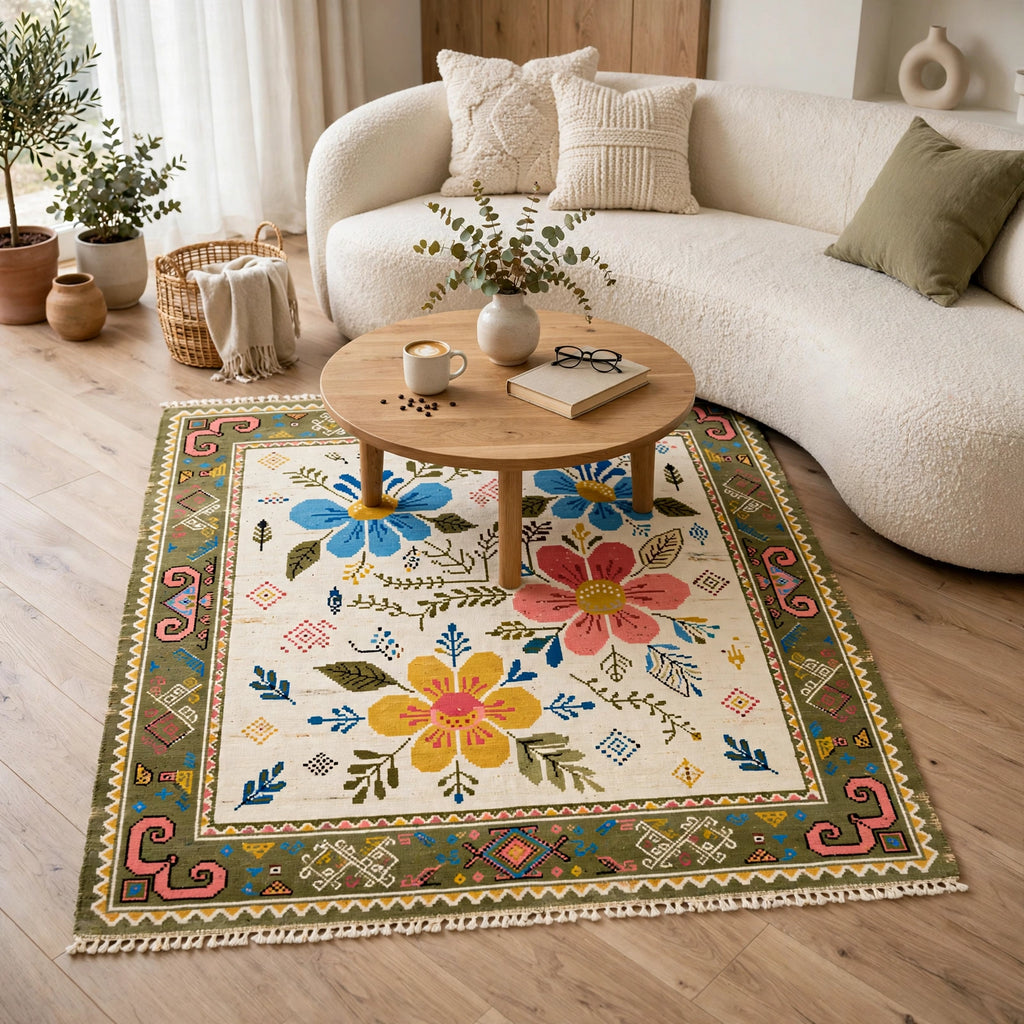 Folk Art Floral Hand-Knotted Wool Rug – Ivory, Blue & Pink Blooms | Tribal Border | Made to Order