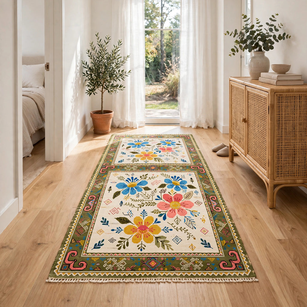 Folk Art Floral Hand-Knotted Wool Rug – Ivory, Blue & Pink Blooms | Tribal Border | Made to Order