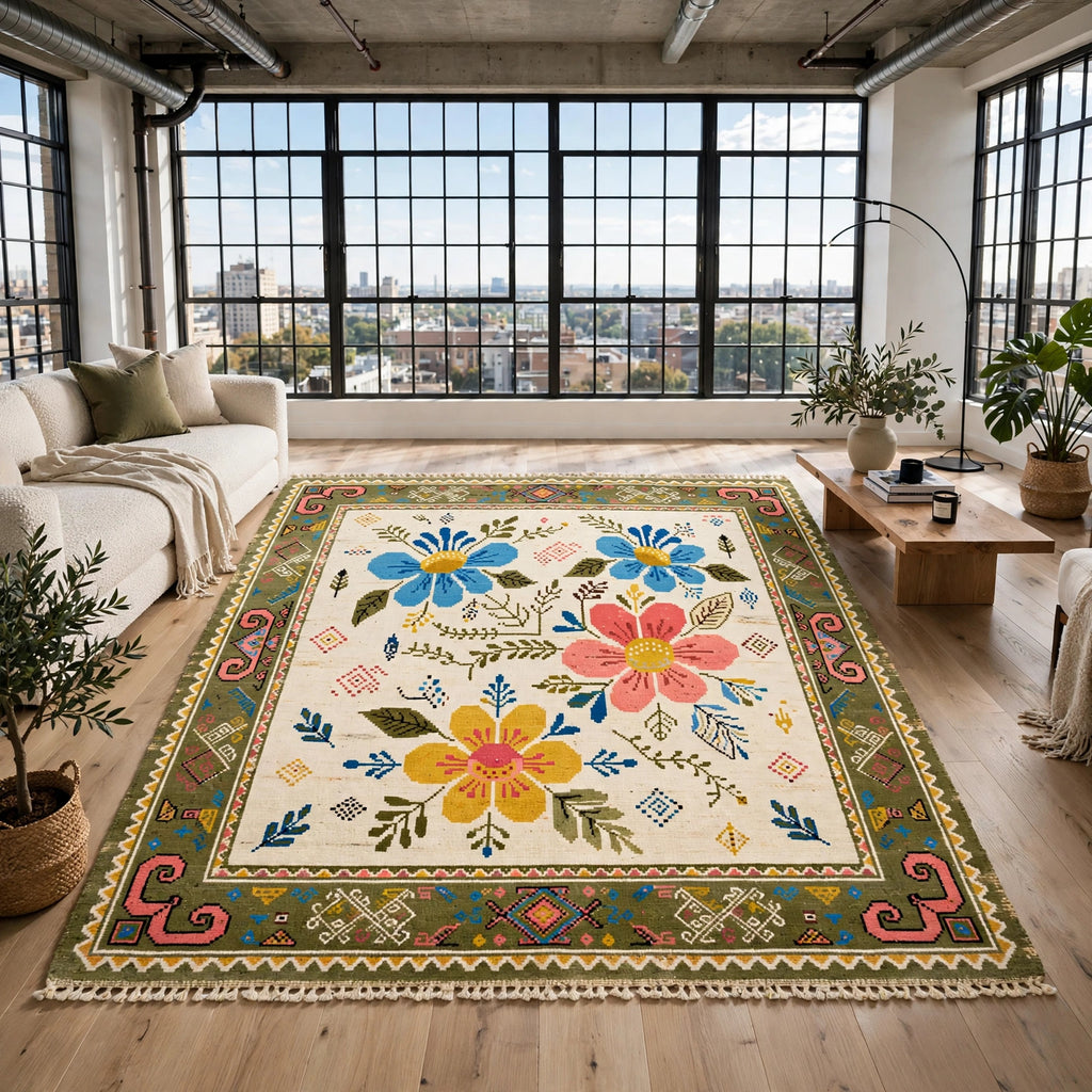 Folk Art Floral Hand-Knotted Wool Rug – Ivory, Blue & Pink Blooms | Tribal Border | Made to Order