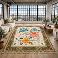 Folk Art Floral Hand-Knotted Wool Rug – Ivory, Blue & Pink Blooms | Tribal Border | Made to Order