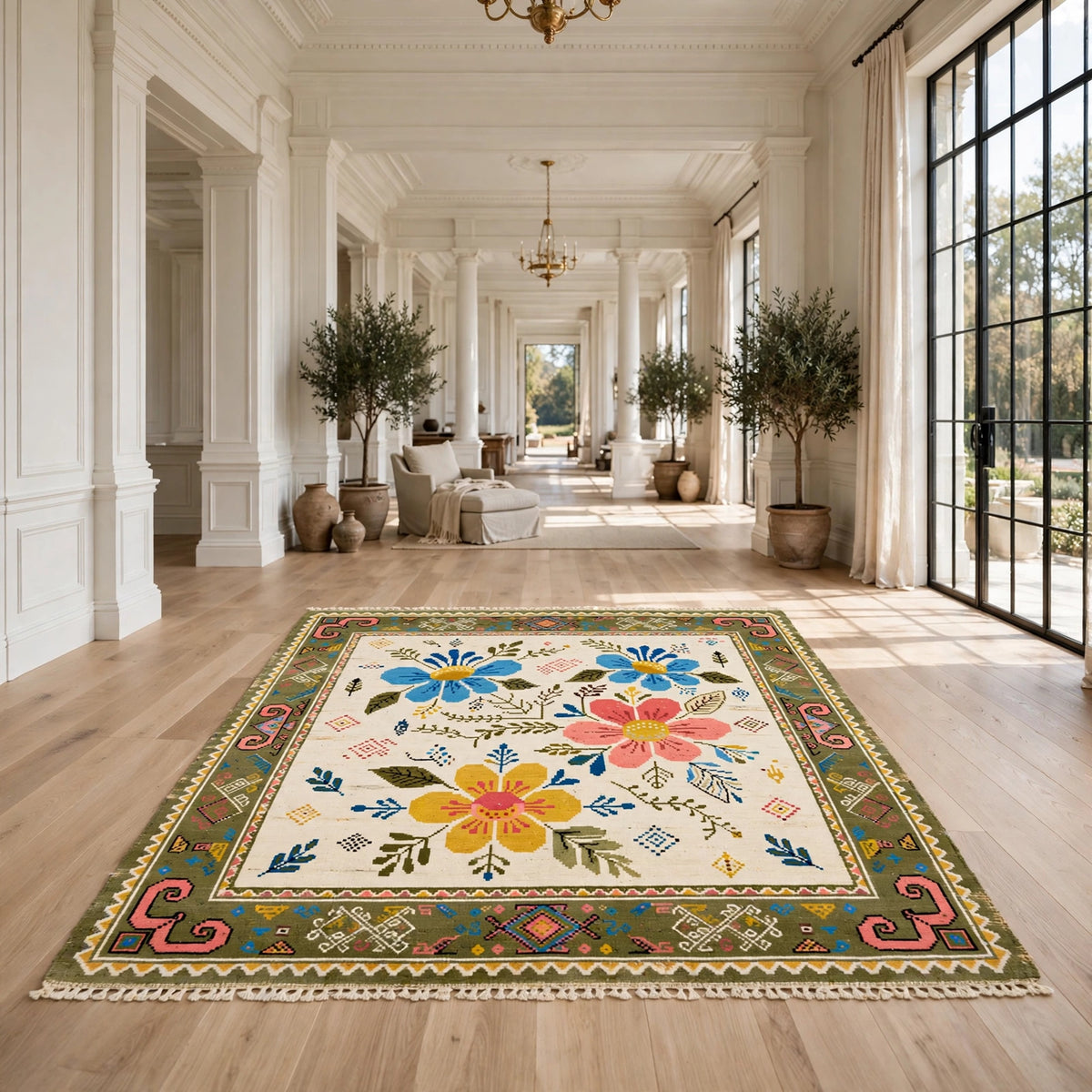 Folk Art Floral Hand-Knotted Wool Rug – Ivory, Blue & Pink Blooms | Tribal Border | Made to Order