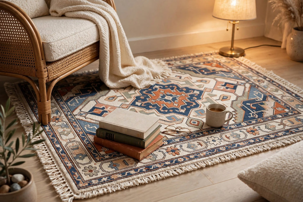 Hand Knotted Wool Rug – Persian Heriz Medallion | Navy Blue, Rust & Ivory | Free DDP Delivery to USA