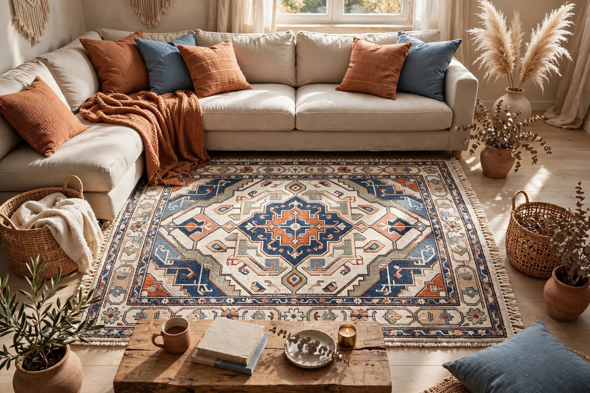 Hand Knotted Wool Rug – Persian Heriz Medallion | Navy Blue, Rust & Ivory | Free DDP Delivery to USA