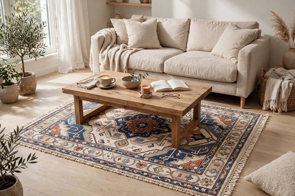 Hand Knotted Wool Rug – Persian Heriz Medallion | Navy Blue, Rust & Ivory | Free DDP Delivery to USA