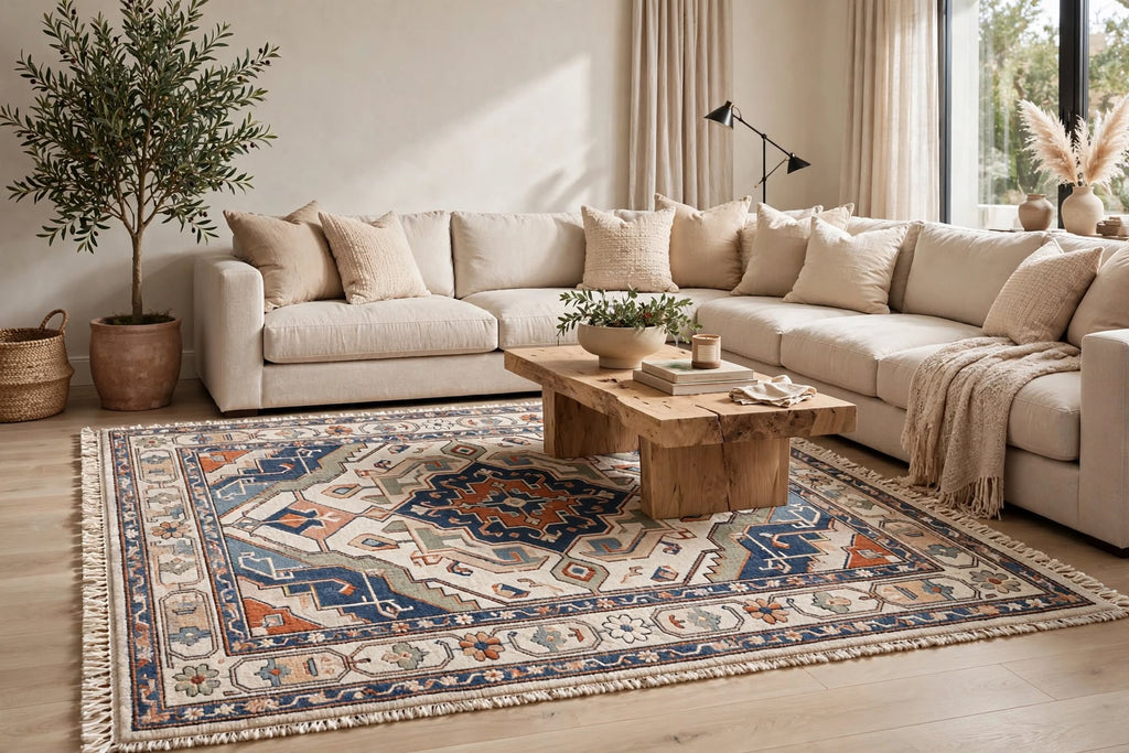 Hand Knotted Wool Rug – Persian Heriz Medallion | Navy Blue, Rust & Ivory | Free DDP Delivery to USA