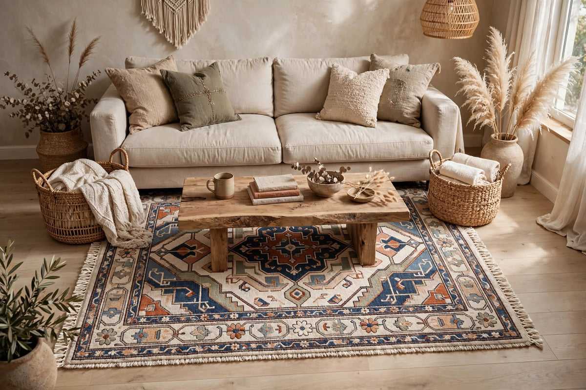 Hand Knotted Wool Rug – Persian Heriz Medallion | Navy Blue, Rust & Ivory | Free DDP Delivery to USA