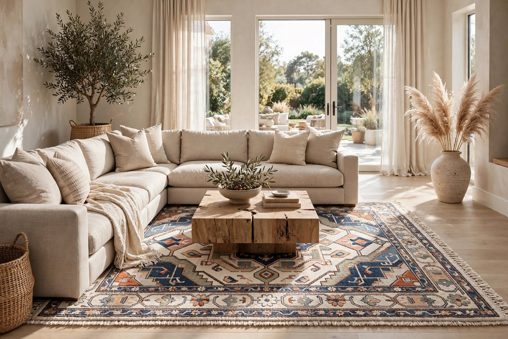Hand Knotted Wool Rug – Persian Heriz Medallion | Navy Blue, Rust & Ivory | Free DDP Delivery to USA