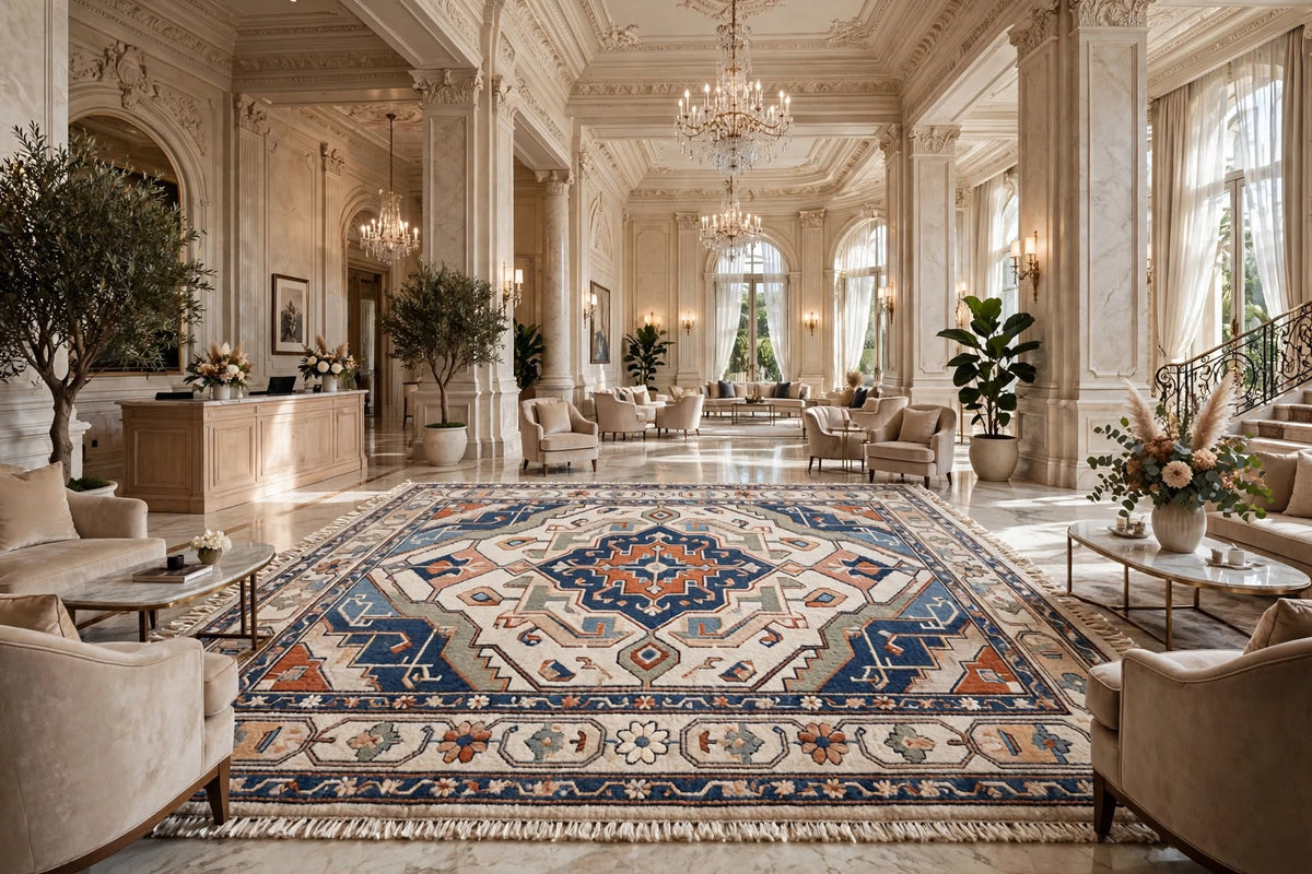 Hand Knotted Wool Rug – Persian Heriz Medallion | Navy Blue, Rust & Ivory | Free DDP Delivery to USA