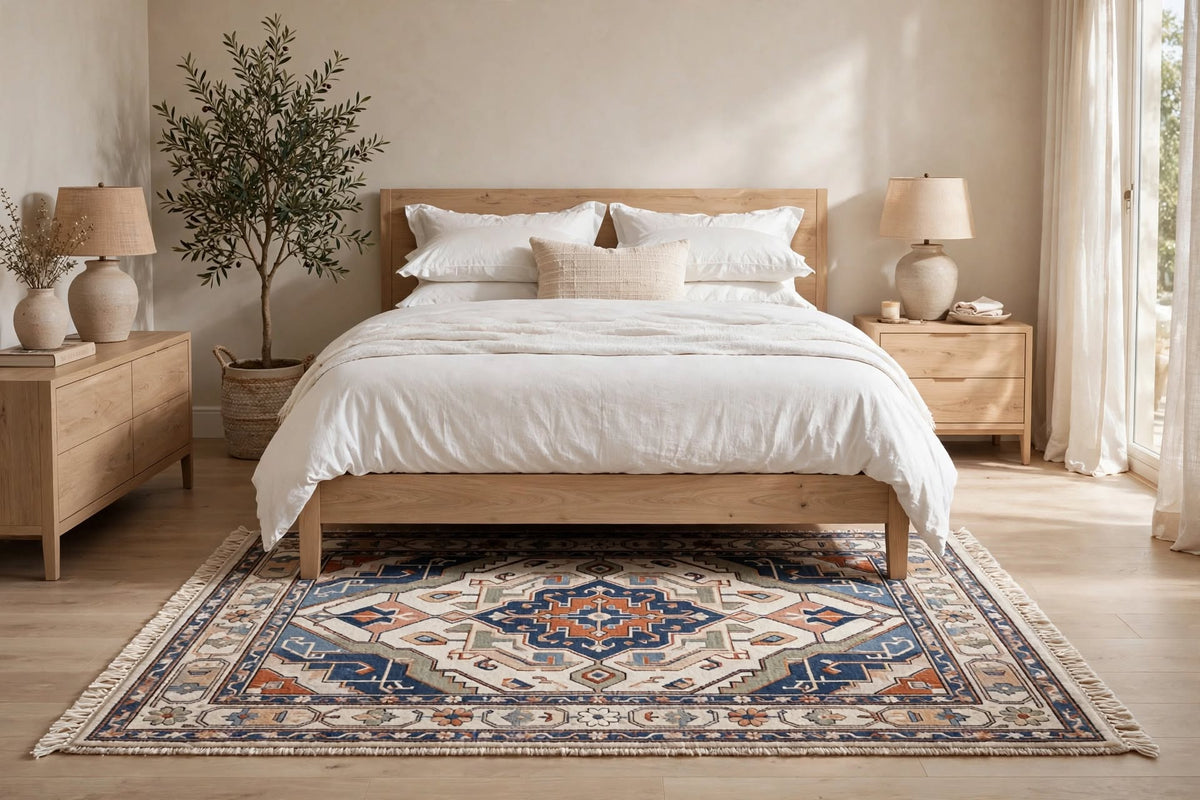 Hand Knotted Wool Rug – Persian Heriz Medallion | Navy Blue, Rust & Ivory | Free DDP Delivery to USA