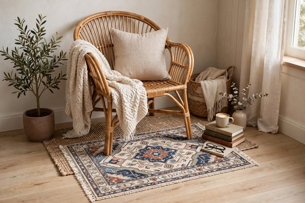Hand Knotted Wool Rug – Persian Heriz Medallion | Navy Blue, Rust & Ivory | Free DDP Delivery to USA