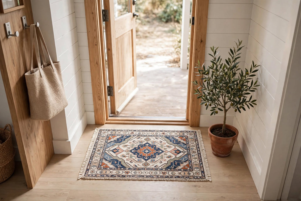 Hand Knotted Wool Rug – Persian Heriz Medallion | Navy Blue, Rust & Ivory | Free DDP Delivery to USA