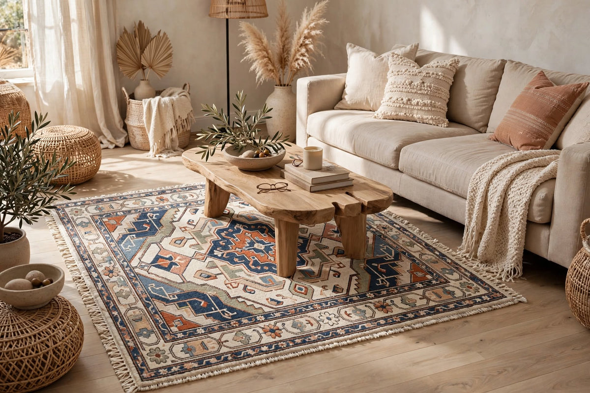 Hand Knotted Wool Rug – Persian Heriz Medallion | Navy Blue, Rust & Ivory | Free DDP Delivery to USA