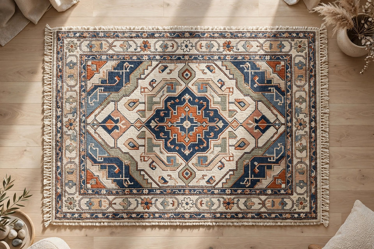 Hand Knotted Wool Rug – Persian Heriz Medallion | Navy Blue, Rust & Ivory | Free DDP Delivery to USA